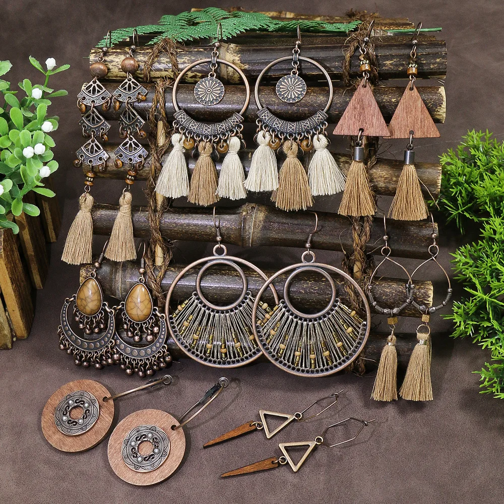 

Bohemian Classic Women Geometric Tassel Wooden Earrings Vintage Gypsy Ethnic Circle Flower India Dangle Earrings Jhumka Jewelry