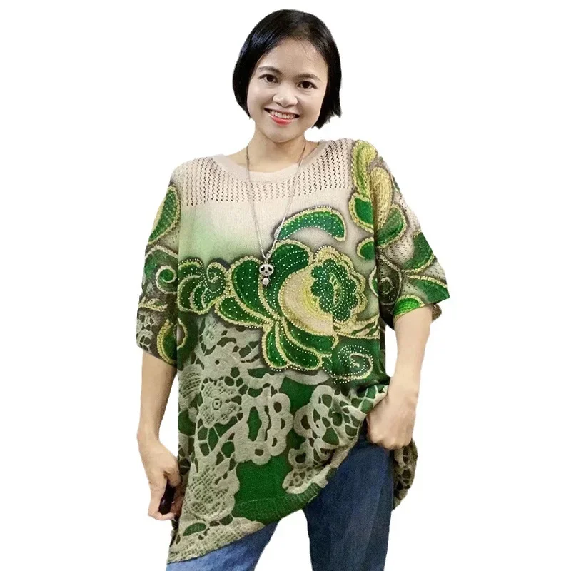 Новый летний льняной вязаный топ с винтажным принтом и стразами свободный крой