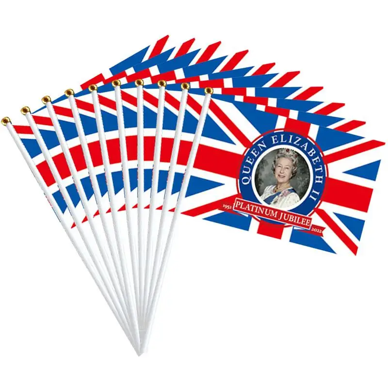 

10pcs/set Queens Platinum Jubilee Flags 5''x8'2022 Union Jack Hand Waving Flag Featuring Her Majesty The Queen 70th Anniversary