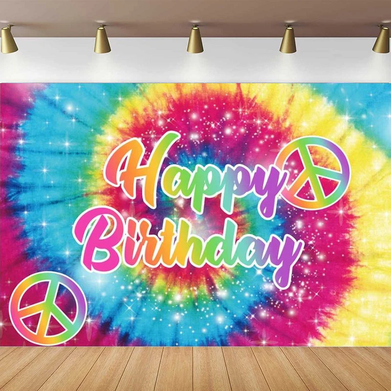 

Tie-Dye Photography Backdrop Hippie Theme Happy Birthday Party Groovy Sign Rainbow Background Poster Decor Cake Table Banner