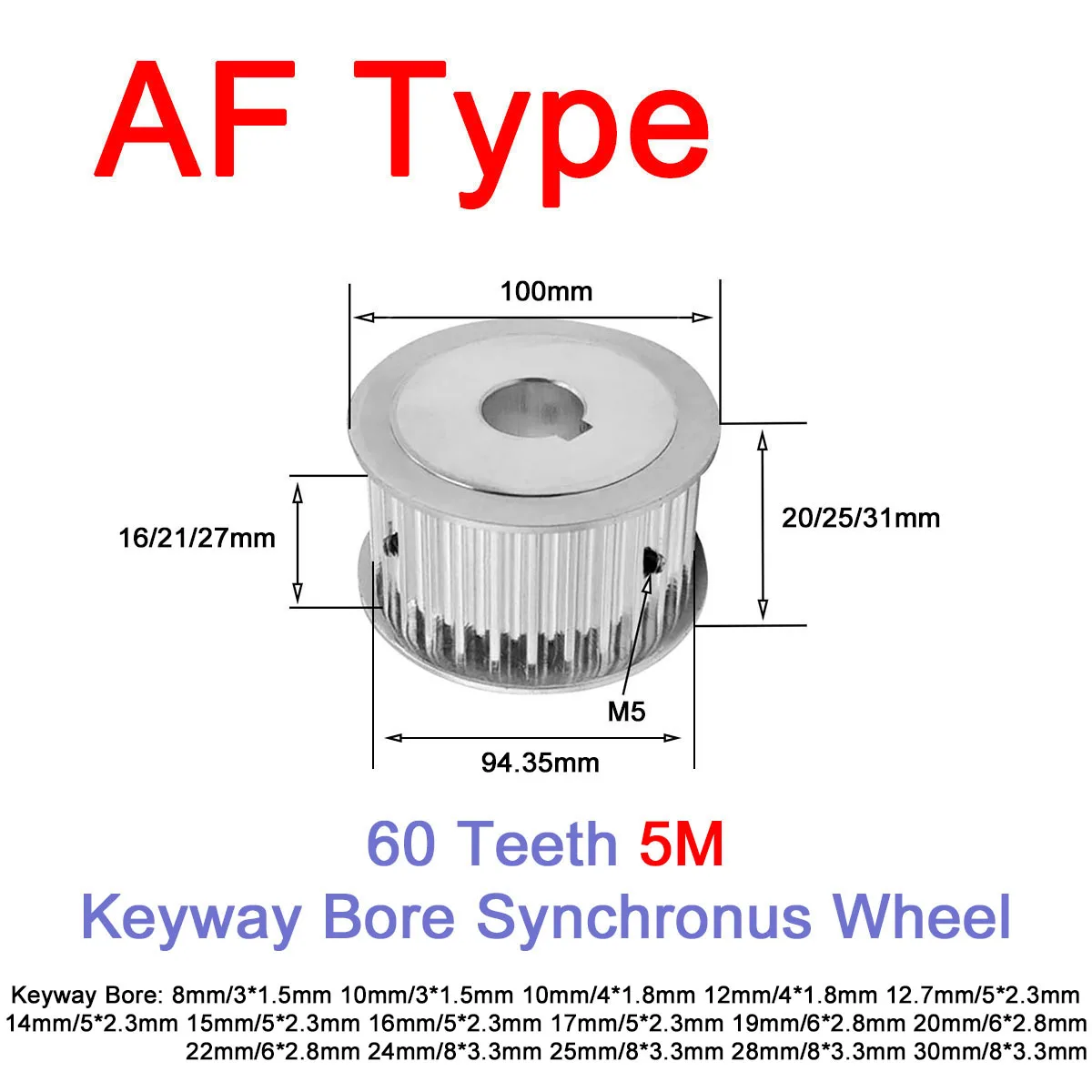 

1 шт. 60 зубьев 5 м зубчатый шкив тип AF отверстие 8/10/12/14/15/16/17/19/20/22/24/25/28/30 мм Keyway ширина синхронного колеса 16/21/27 мм