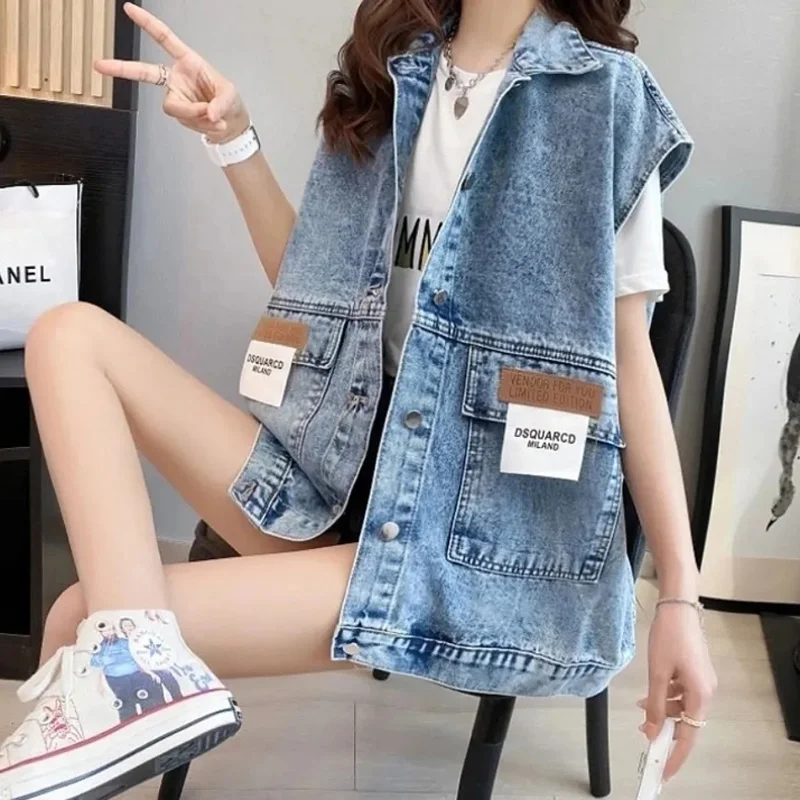 

Модные свободные джинсовые майки, женские весенние повседневные корейские карманы, женский топ в винтажном стиле колледжа с отложным воротником для студентов