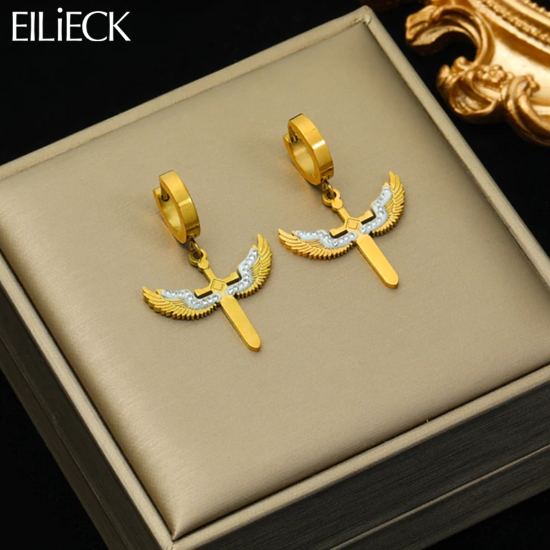 

EILIECK 316L Stainless Steel Gold Color Cross Wings Earrings For Women Girl Fashion Waterproof Ear Buckle Jewelry Gift Party