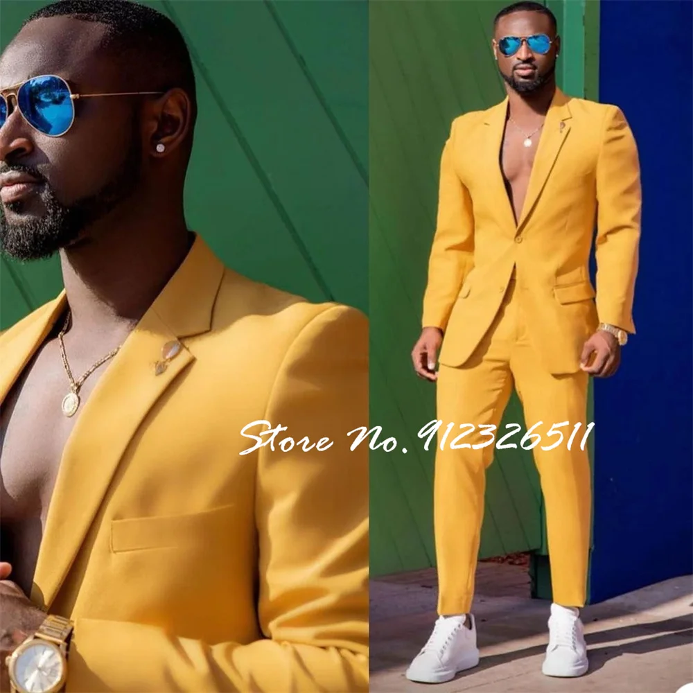 

Yellow Slim Fit Men Suit Set Costume Homme Business Formal Suits For Men Terno Masculino Groom Tuxedo Custom 2 PCS(Blazer+Pants)