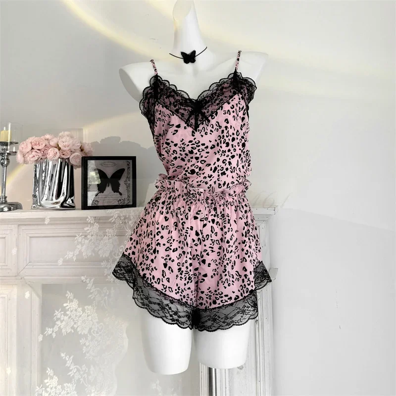 Леопардовый кружевной топ и шорты с принтом сексуальные женские пижамы на