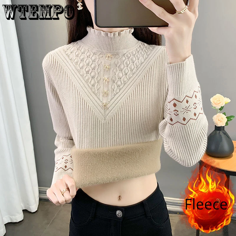 

WTEMPO Women's Long Sleeve Fleece Lined Sweater Sherpa Knitwear Pullover Jumper Casual Winter Autumn Knitted Coat with Shearling