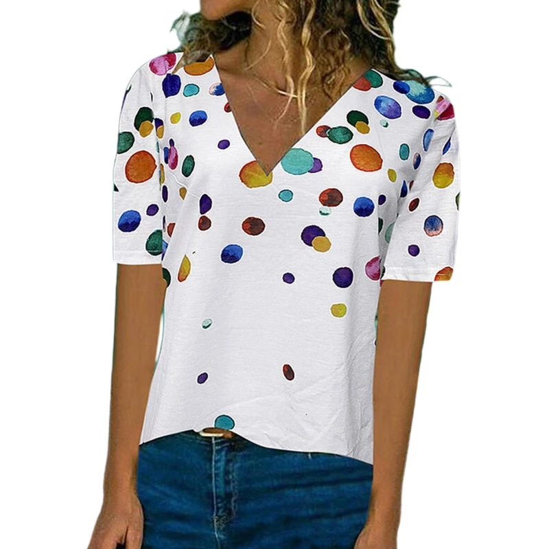 

Women Short Sleeve Sexy V-Neck T-Shirt Colorful Polka Dot Printed Pullover Tops P8DB