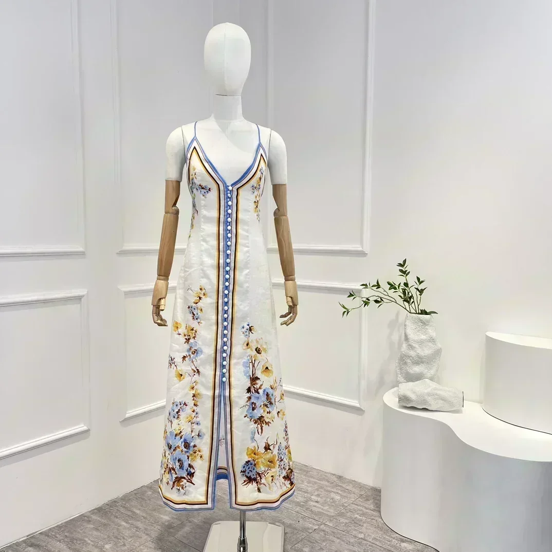 

2023 Top Quality Linen Spring Summer Beach Style White Floral Printing Backless V-neck Midi Dresses Women