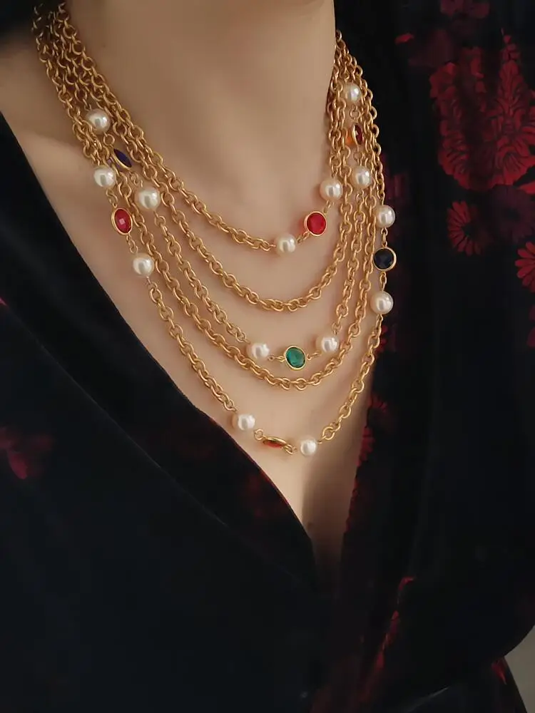 

Timeless Wonder Retro Crystal Glass Pearl Layered Necklace for Women Designer Jewelry Goth Runway Rare Punk Top Mediaeval 2625