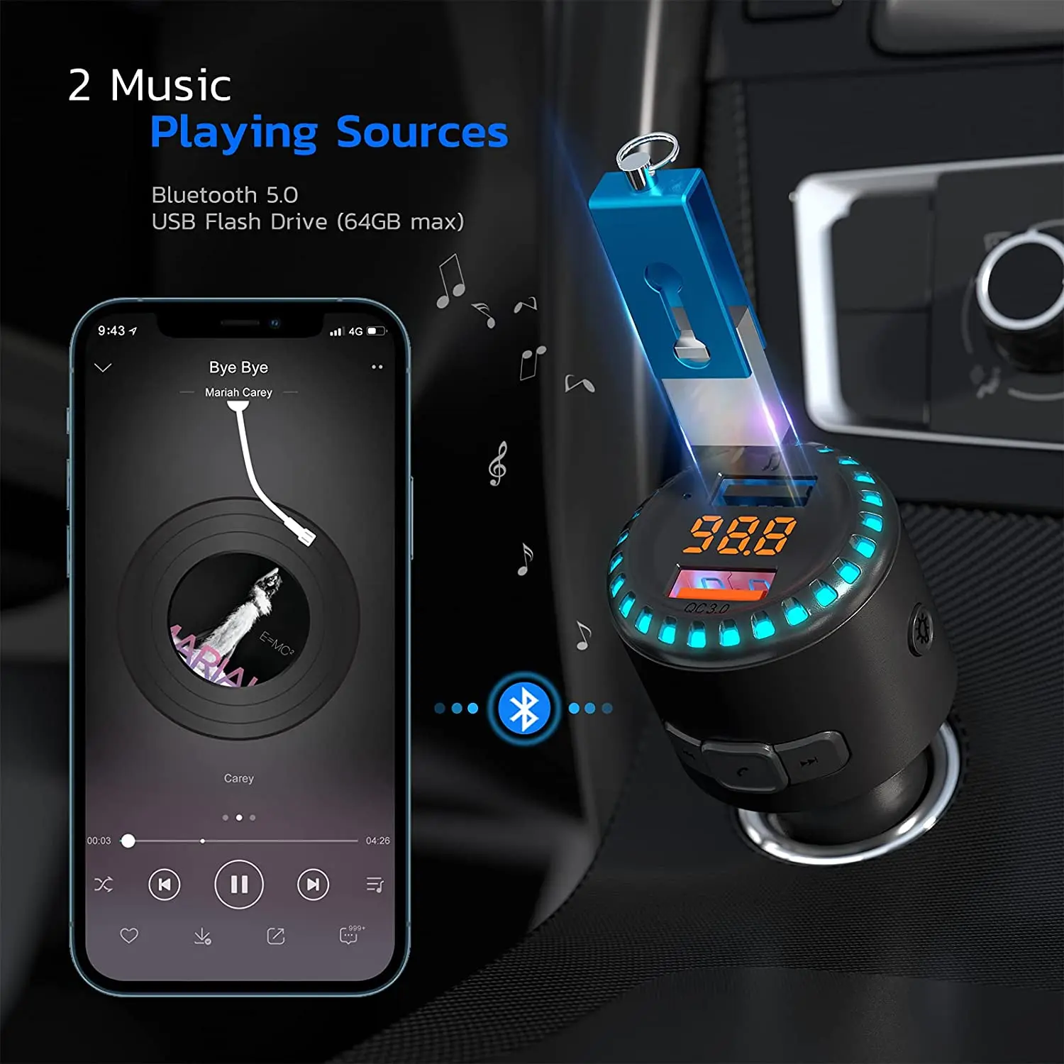 FM-передатчик HIFI с Bluetooth 5 0 QC3.0 + 2 1 A двойное быстрое автомобильное зарядное