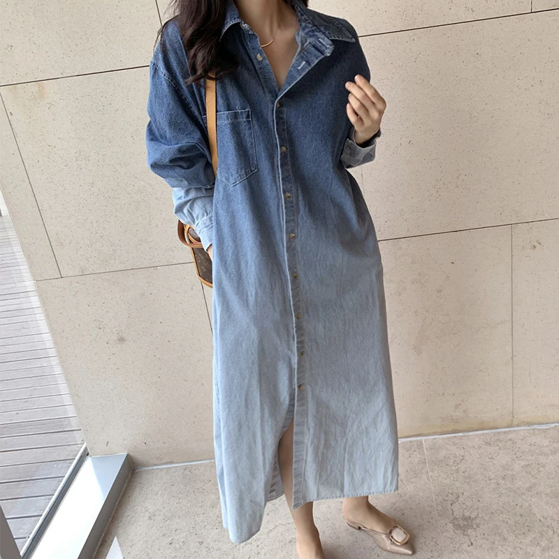 2023 Turn-turn Collar Button Denim Dress Shirt Maxi Long Sleeve Vestido Vintage Casual Fall Spring Korean Femme Robe