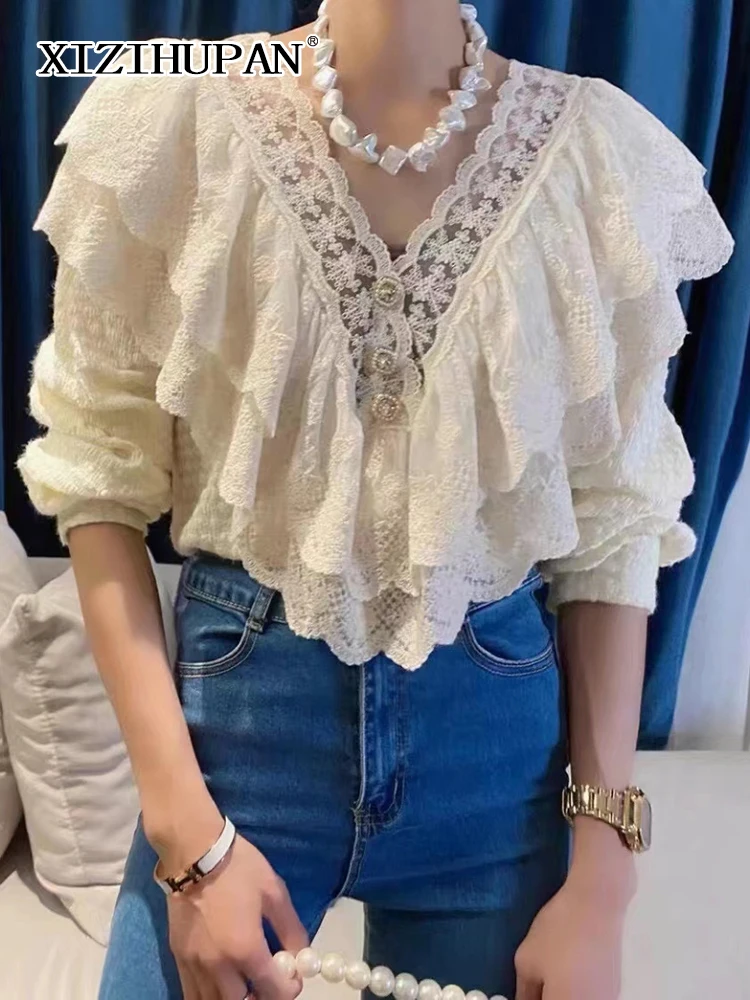

XIZIHUPAN Solid Lace Shirt For Women V Neck Long Sleeve Patchwork Ruffle Trim Straight Casual Women's Blouse 2022 Spring Stylish