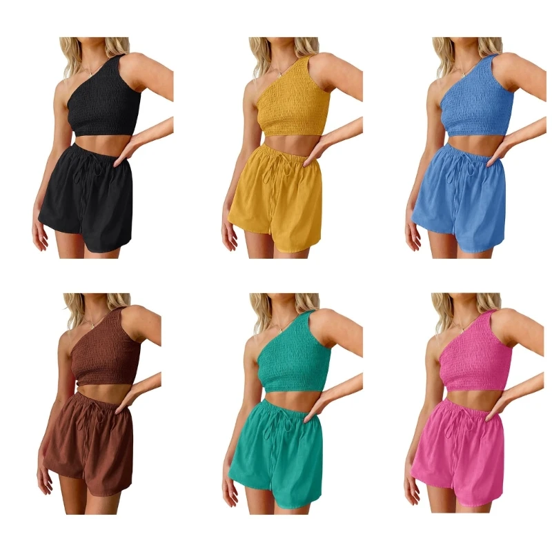 

Workout Outfits for Women 2 Piece One Shoulder High Waist Shorts Set Summer Outfit