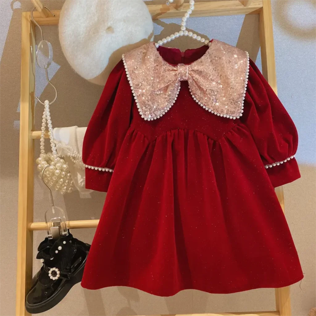 

Girls Sweet Princess Dress Children Kids Baby Thickening Velvet Winter Pearl Sequin Birthday Party Christmas New Year
