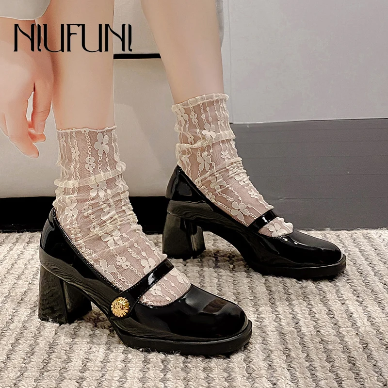 

Туфли NIUFUNI женские из искусственной кожи, квадратный носок, высокий толстый каблук, Классическая обувь Мэри Джейн, с пряжкой, однотонные ажурные Ретро туфли-лодочки