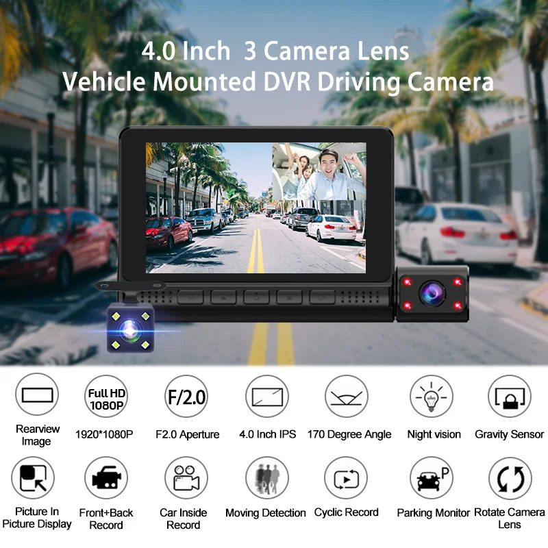 E-ACE 1080P Car DVR Night Vision B41 3 Cameras Lens Dash Cam 4 Inch Touch Screen FHD G-Sensor 24H Parking Monitoring | Автомобили и