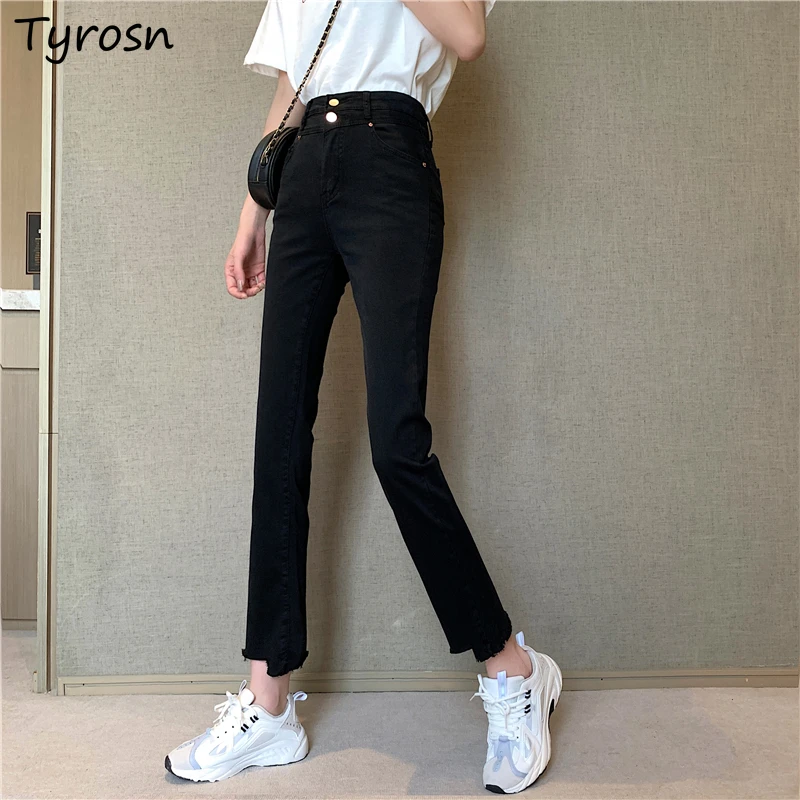 

High Waist Skinny Jeans Women Ankle-length Fur-lined Vintage Summer Slender All-match Harajuku Students Ripped Fashion Elegant