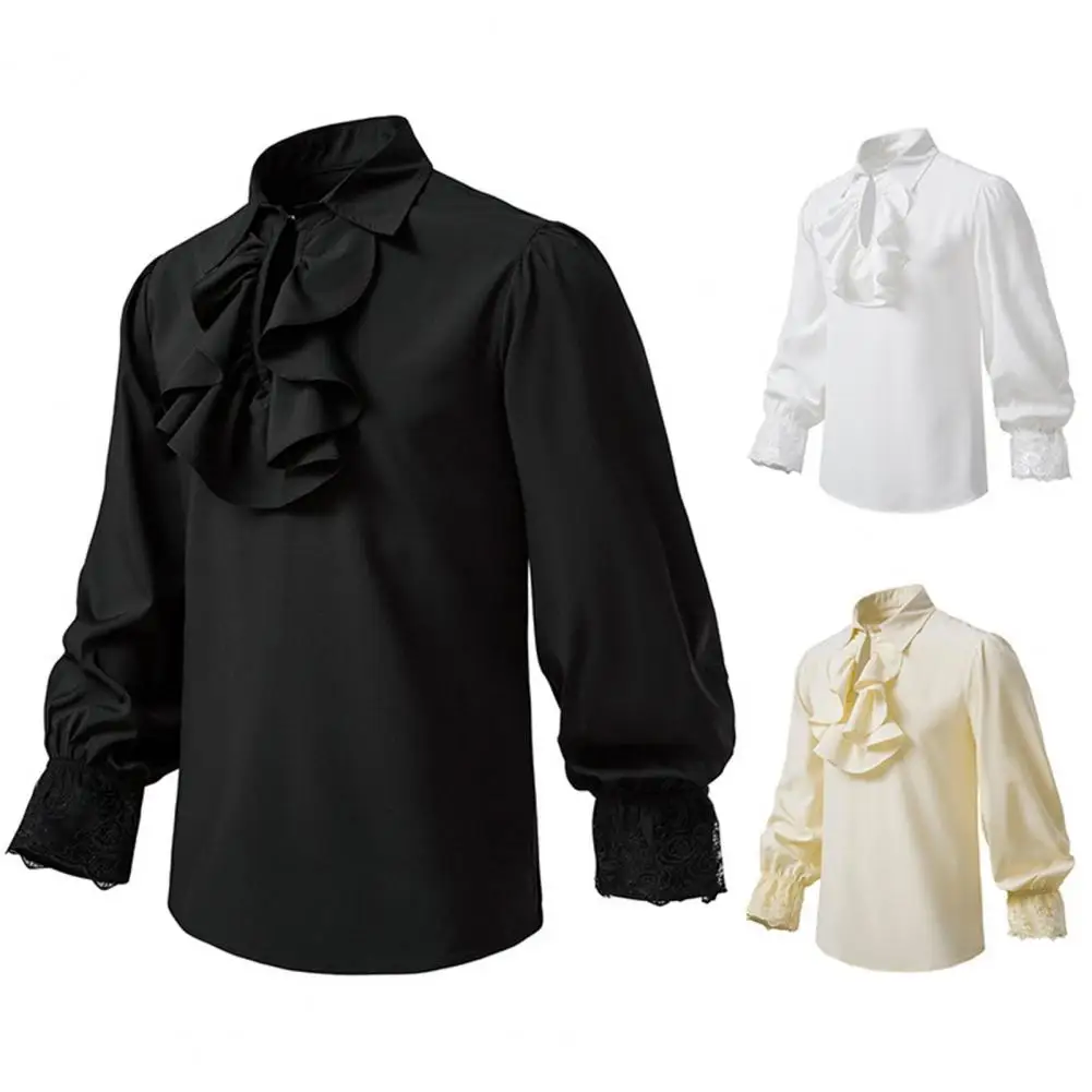 Мужская рубашка с рюшами красная в стиле ретро кружевом и воротником-стойкой