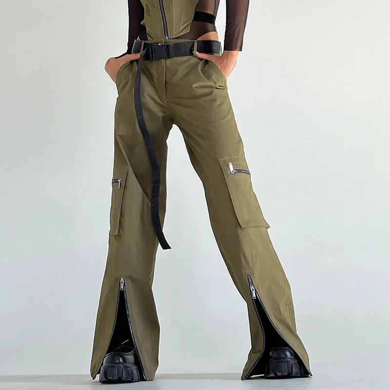 

INS American street punk style design sense zipper stitching slit overalls bag buckle belt low waist casual trousers women