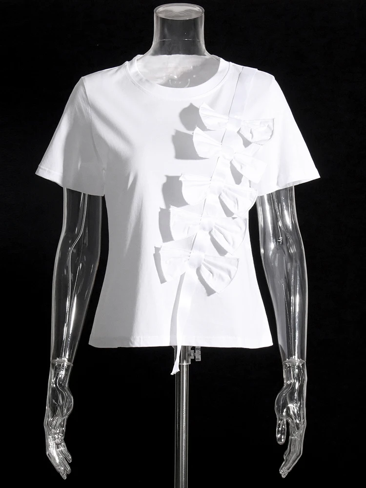 Однотонная Лоскутная Повседневная футболка ROMISS с бантом для женщин