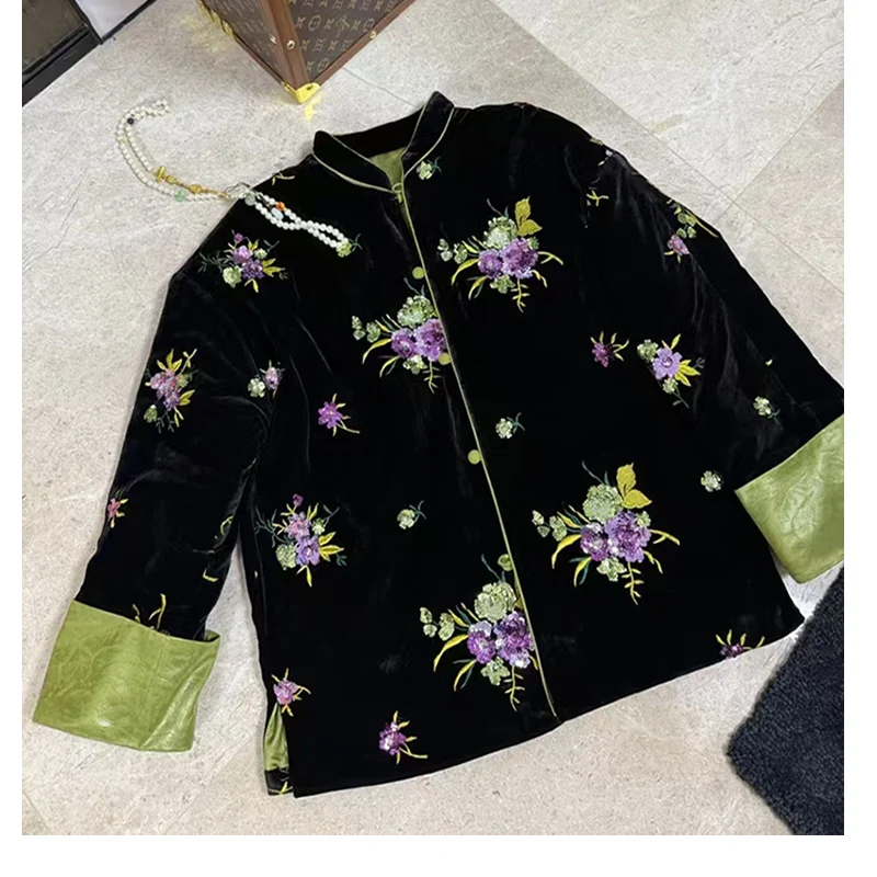 Новое зимнее пальто из шелка + бархата новый китайский стиль с вышивкой бисером