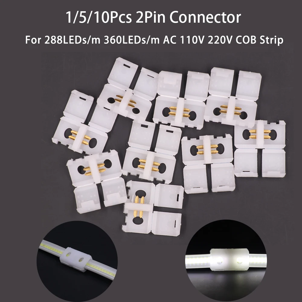 1/5/10Pcs 2 Pin Connector Strip to Strip for 288LEDs 360LEDs AC 110V 220V COB Strip Light I Shape LED Tape Lights Fixed Clamps