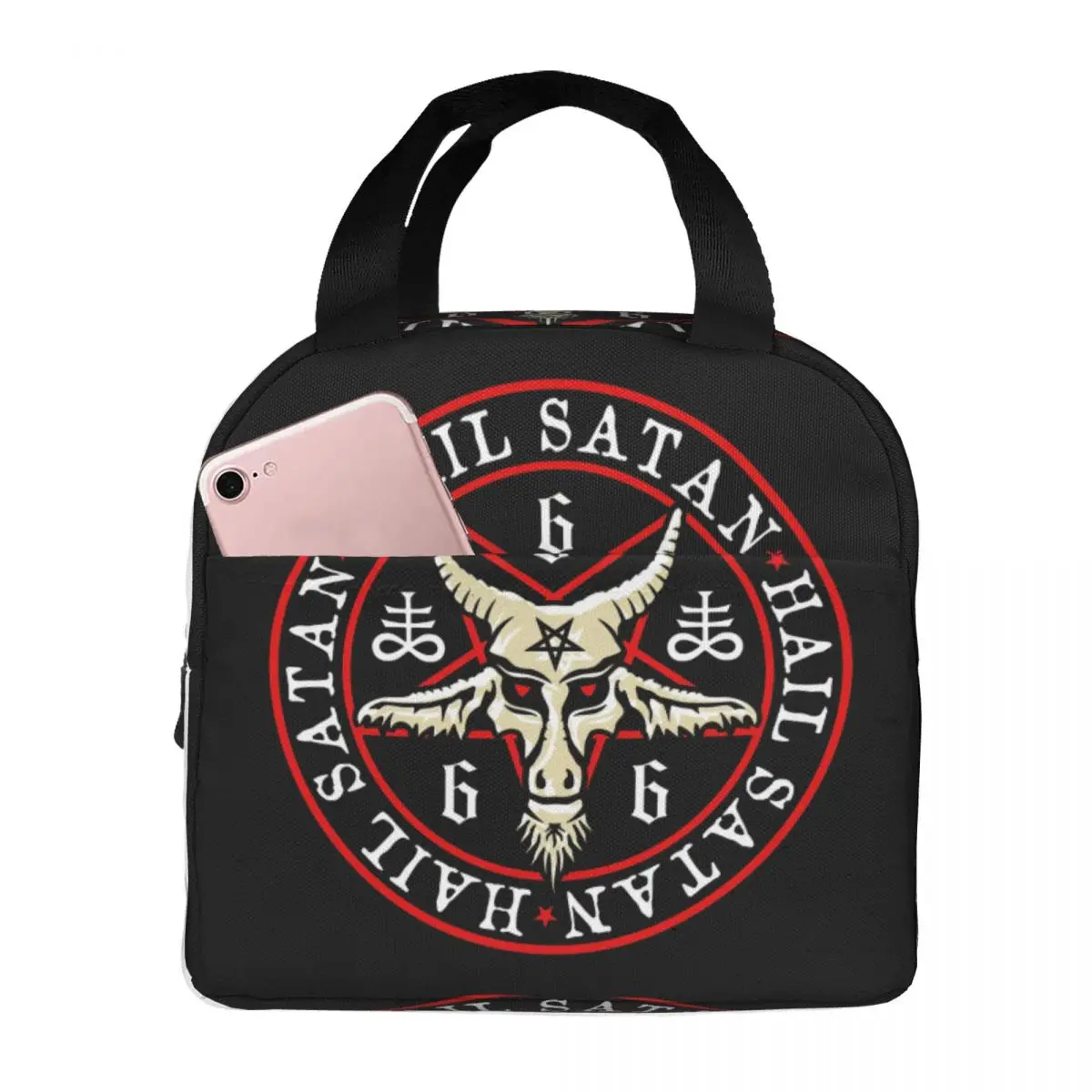

Hail Satan Baphomet In Occult Inverted Pentagram Lunch Bag Portable Insulated Cooler Thermal Food Picnic Lunch Box for Women