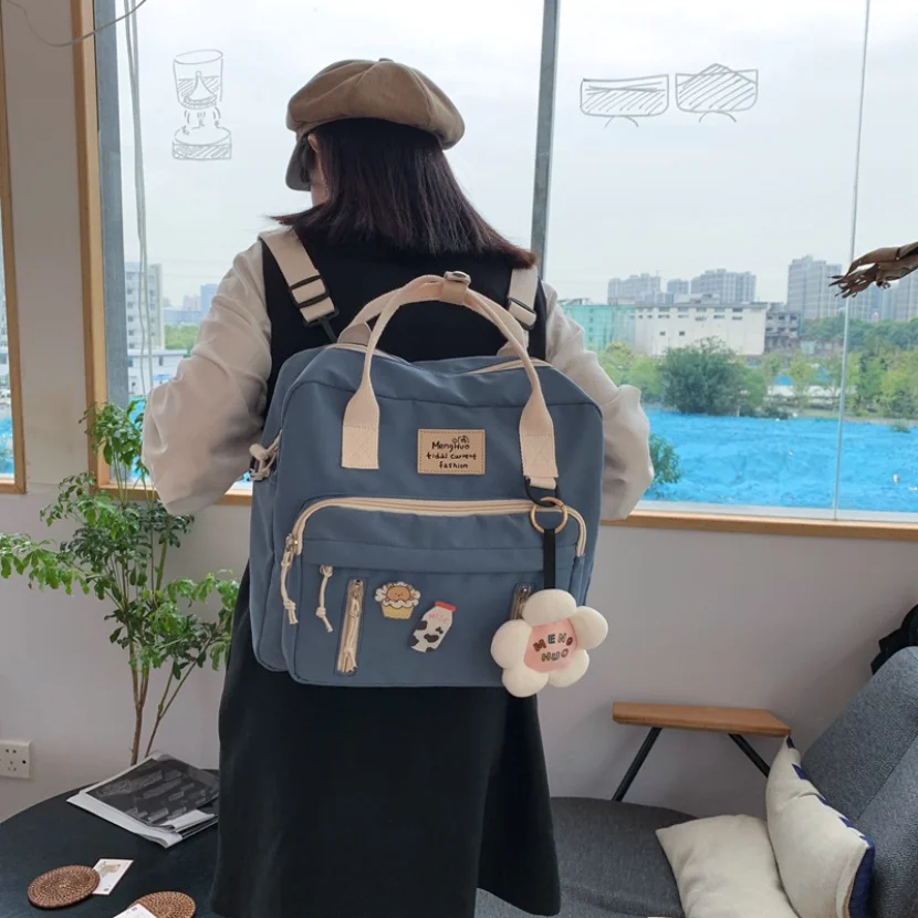 

Girls Backpack for Teenage Girl Ring Buckle Bag Portable Travel Shoulder Bag Female Small Schoolbag Badge Woman Rucksack Satchel