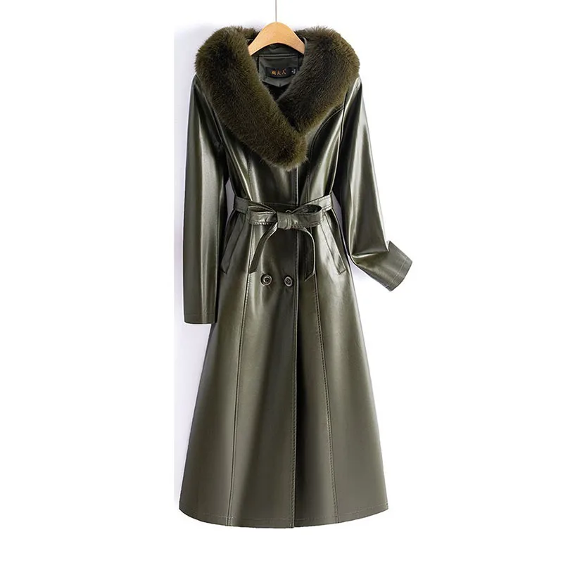 Женское толстое женское кожаное пальто средней длины из натуральной кожи