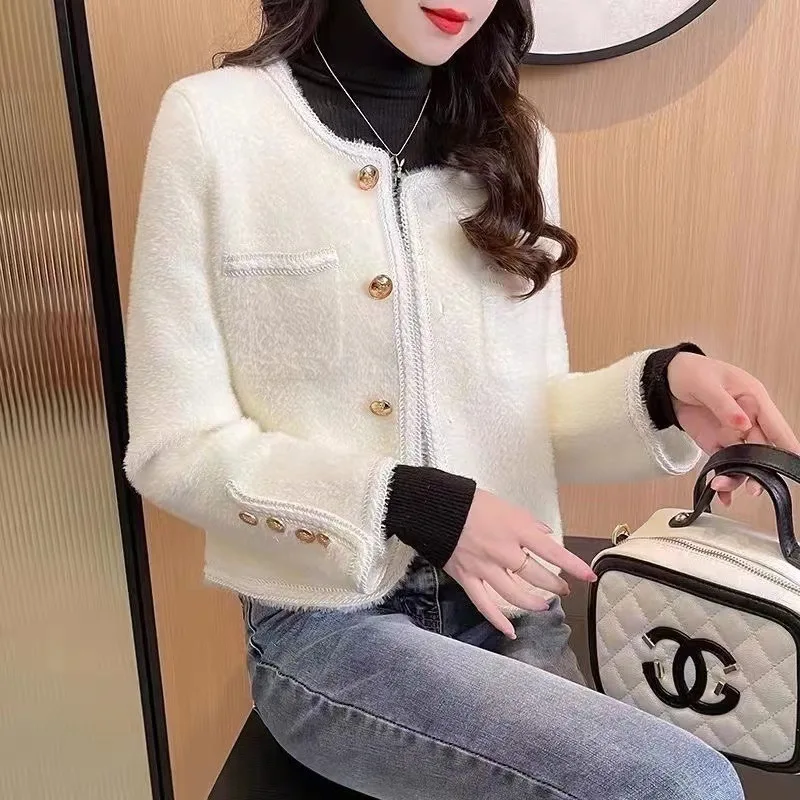 

2023Casual tweed coat,Imitation Mink Fleece Short Coat Women's Autumn/Winter New Little Fragrance Knitted Cardigan Fashion Outw