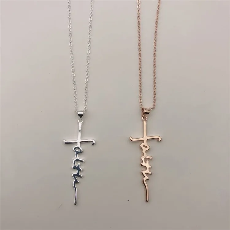 

S925 Sterling Silver Necklace Wholesale Christian Jesus Cross English Letter Faith Clavicle Chain Pendant Necklace