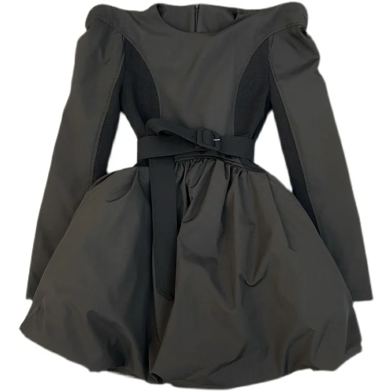 

Round neck, long sleeves, long sleeves, waist, slim women, fried street, fluffy skirts, dresses, women's spring year 2022