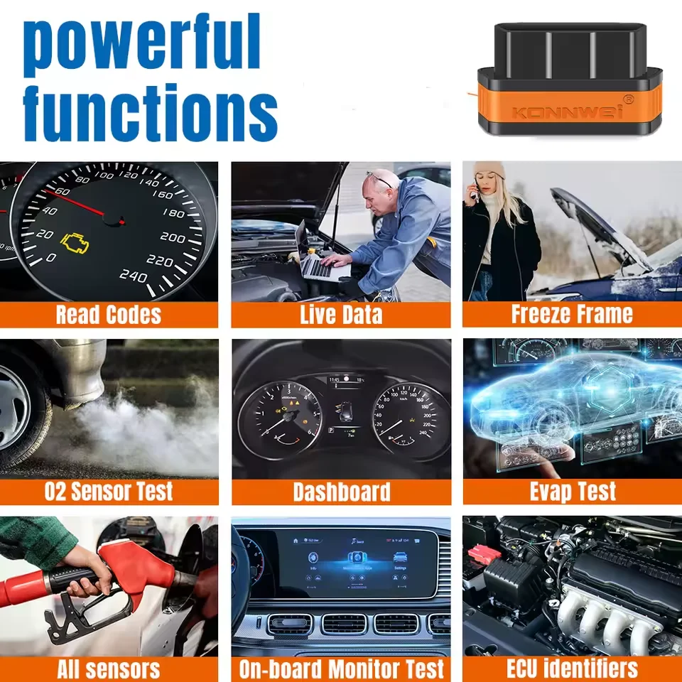 Фото Новый KONNWEI KW901 ELM327 V1.5 Bluetooth5.0, автомобильный сканер OBD2, Android/IOS, автомобильный диагностический инструмент, считыватель кодов, pk Vgate ICAR2 №2