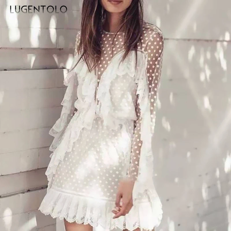 

Women Vacation Beach Dress Sexy Lace Summer Perspective White Long Sleeve Female Round Neck Slim Mini Princess Dress