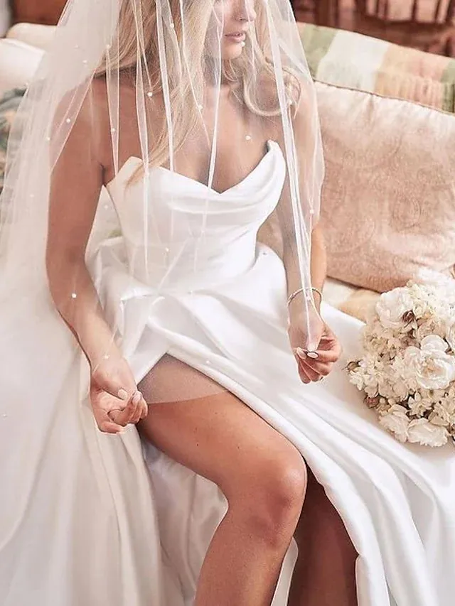 

A-Line Wedding Dresses 2022 Sweetheart Neckline Court Train Satin Vestidos De Novia Sleeveless Sexy Split Robes De Mariee New
