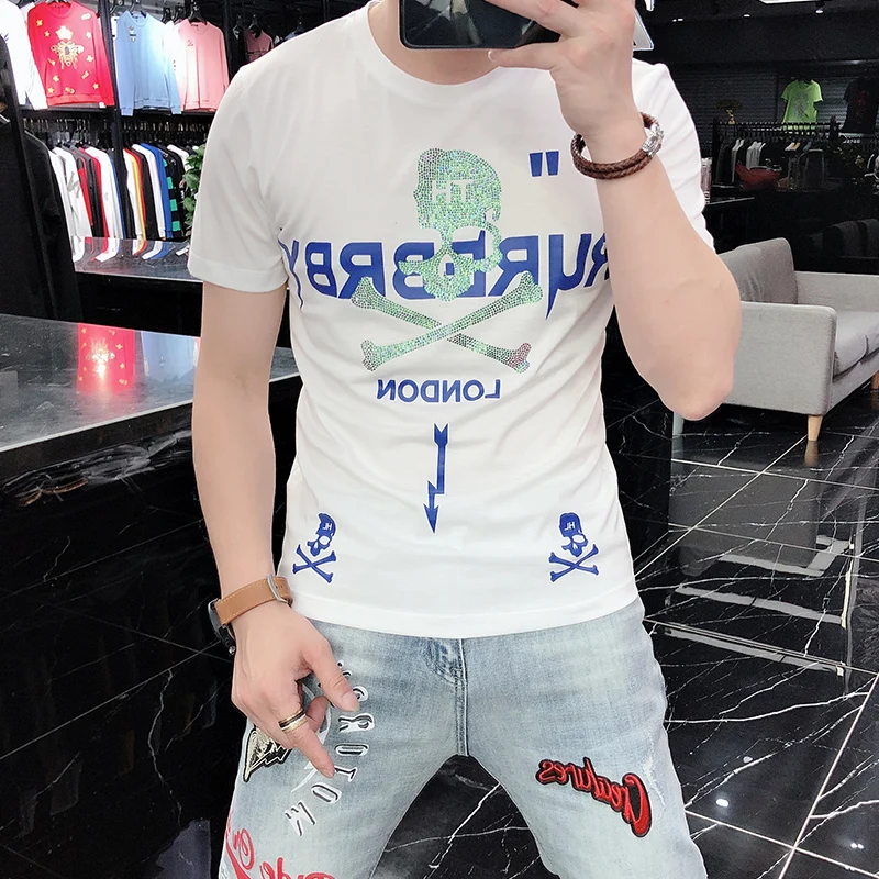 2022 mens short sleeve t shirt mens trend slim skull print hot diamond ice silk tide brand mercerized cotton mens t shirt free global shipping