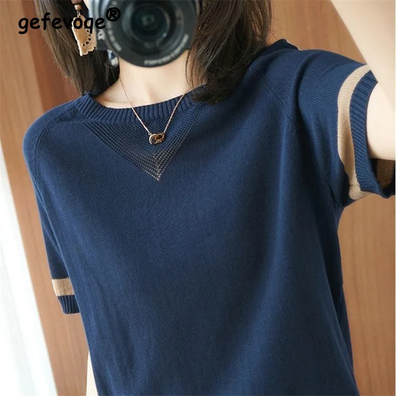 

Summer Women's Korean Fashion Short Sleeve Loose Hollow Patchwork Knitted Tops Simple Elegant Chic Pullover Sweater Clothing2022