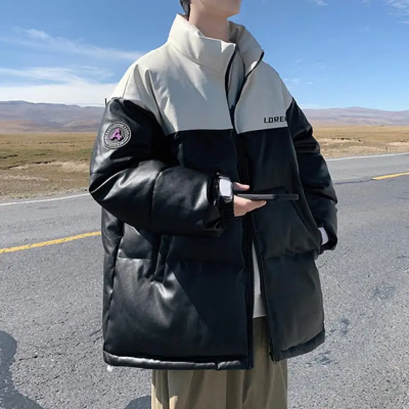 

New Leisure Down Jacket Pu Patch Work Sports Coat Men's Fashion Brand Winter Down Parkas Couple Clothes Men and Women Outdoor