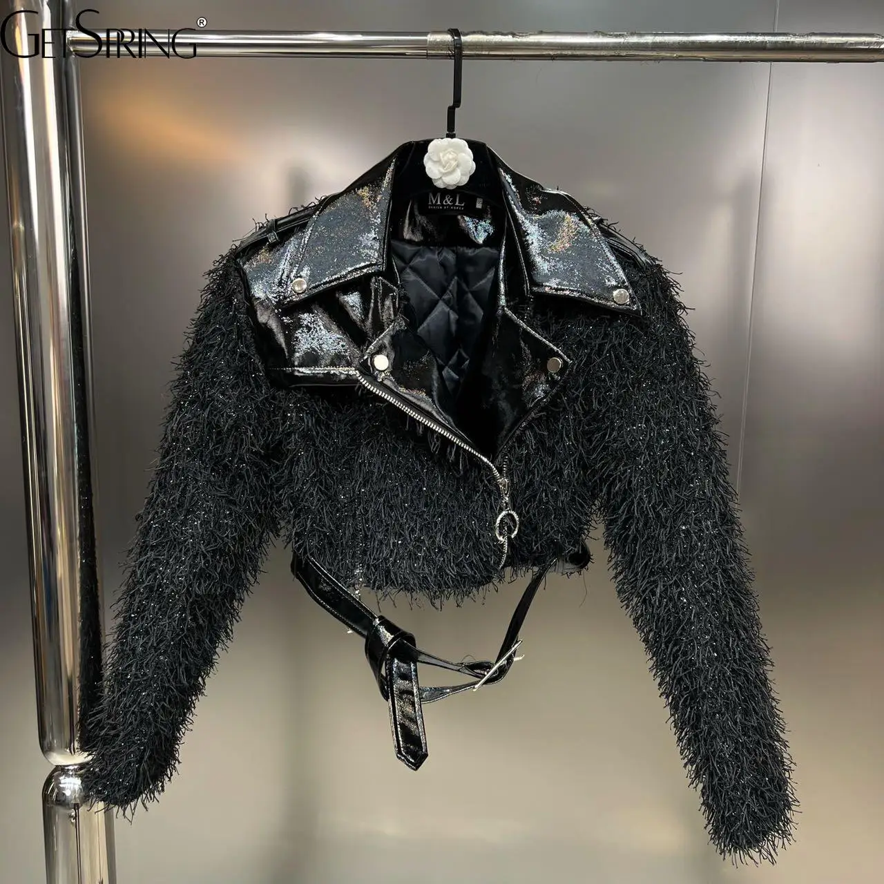 

GetSpring Женская парка с длинным рукавом с пушистыми кисточками и поясом на молнии Зимняя верхняя одежда куртка универсальная модная черная те...