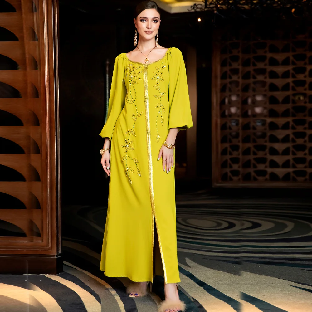 Women's Spring and Summer Muslim New Handmade Diamond Rice Beads Gold Ribbon Luxurious Slim Women's Slim Dress