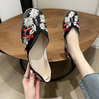 flat bottom womens autumn new single shoes square toe slip on flower embroidery loafers large size 43 mother casual shoes