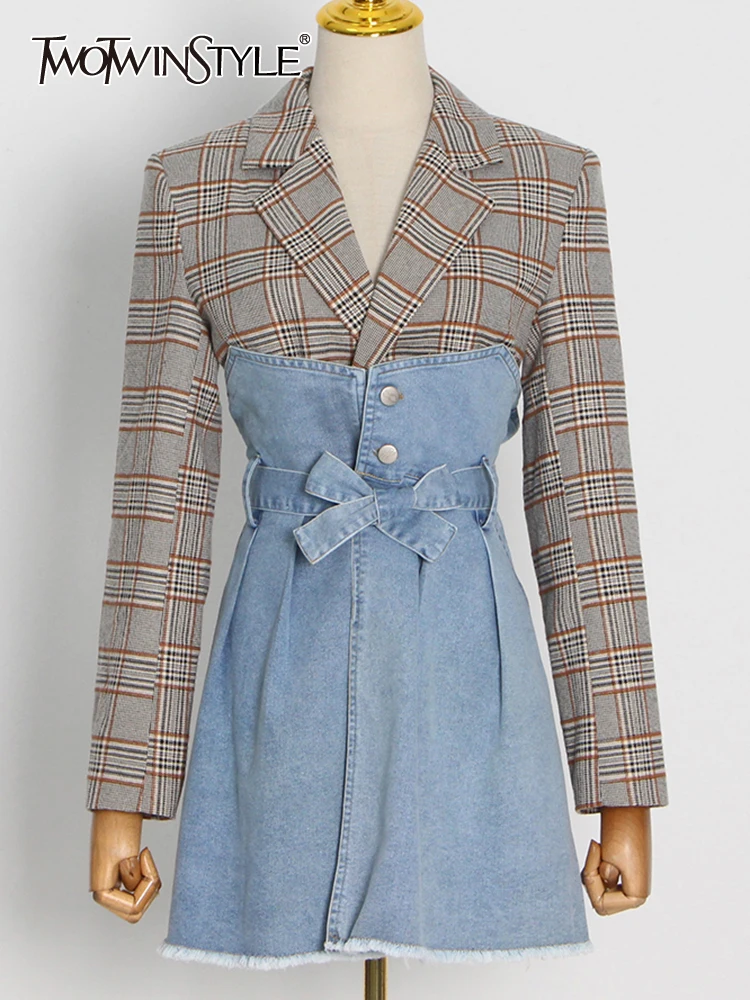 

TWOTWINSTYLE Gingham Patchwork Denim Coats For Female Notched Long Sleeve Single Breasted Gathered Waist Women's Coat 2022 Style