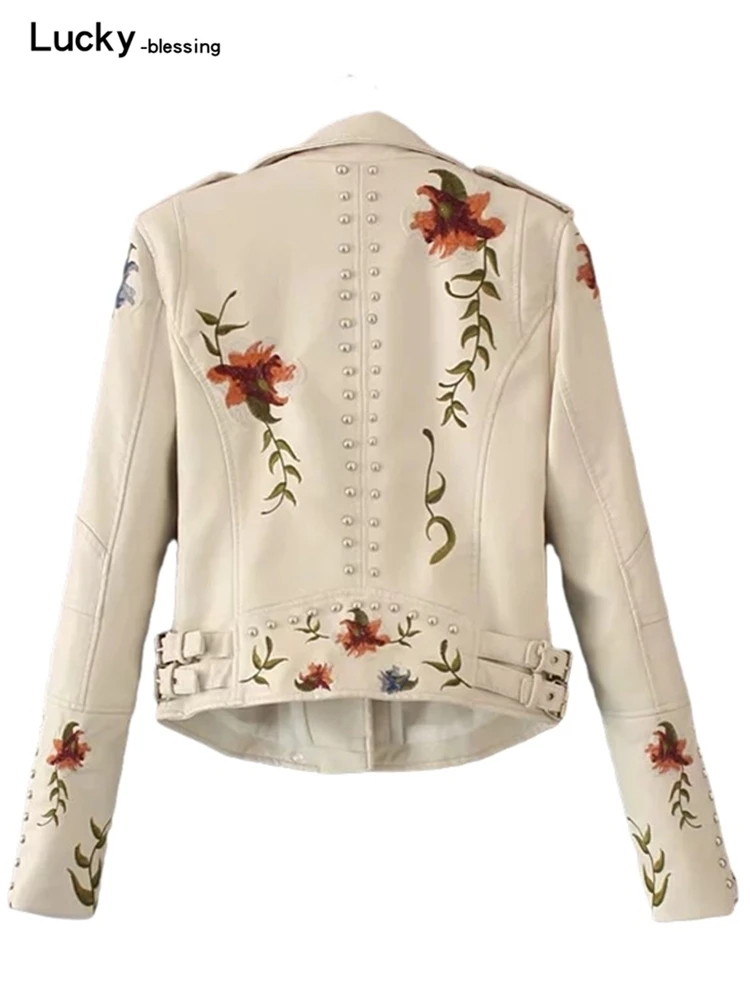 2022 New Spring Retro Floral Embroidery Faux Pu Leather Jacket Women Turndown Collar Moto Biker Coat Black Soft Punk Outerwear