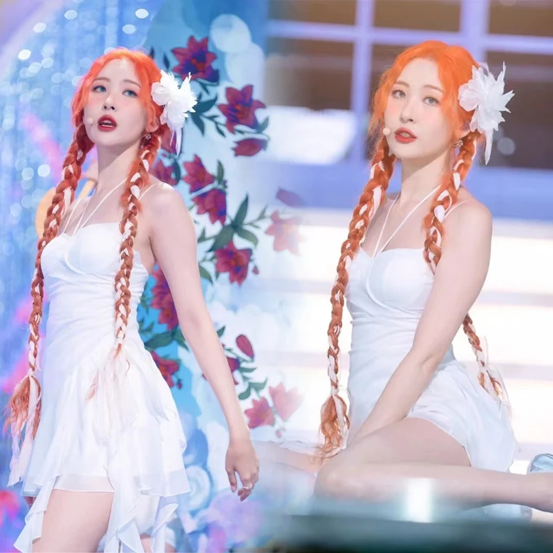 

Kpop Lee SunMi Korean White Ruffles Off-Shoulder Camisole Dress Women Stage Sexy Halter Backless Irregular Mini Fairy Dresses