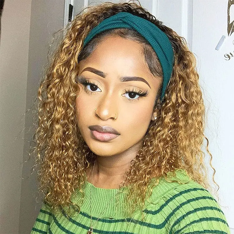 Deep Wave Headband Wig Blonde Headband Wigs For Black Women 180% Density Brazilian Remy Hair Curly Wigs With Headband Attached