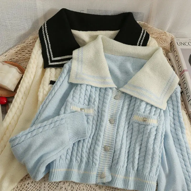 

Women Casual Knit Cardigan Loose Korean Style Sailor Collar Short Sweater Coat 2023 Autumn Winter New Long Famale Sleeve X66