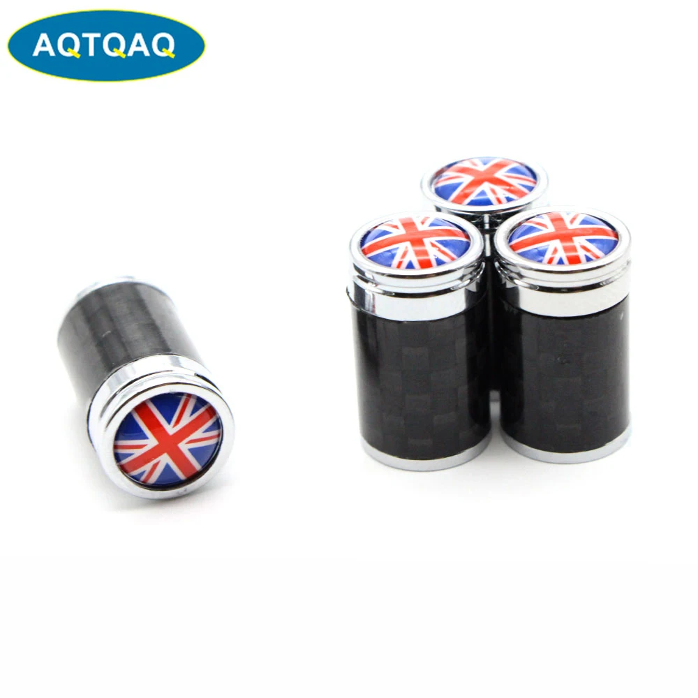 

4 Pcs/Set Copper + Carbon Fiber England flag Style Tire Valve Stem Cap Tire Wheel Stem Air Valve Caps for Auto Cars