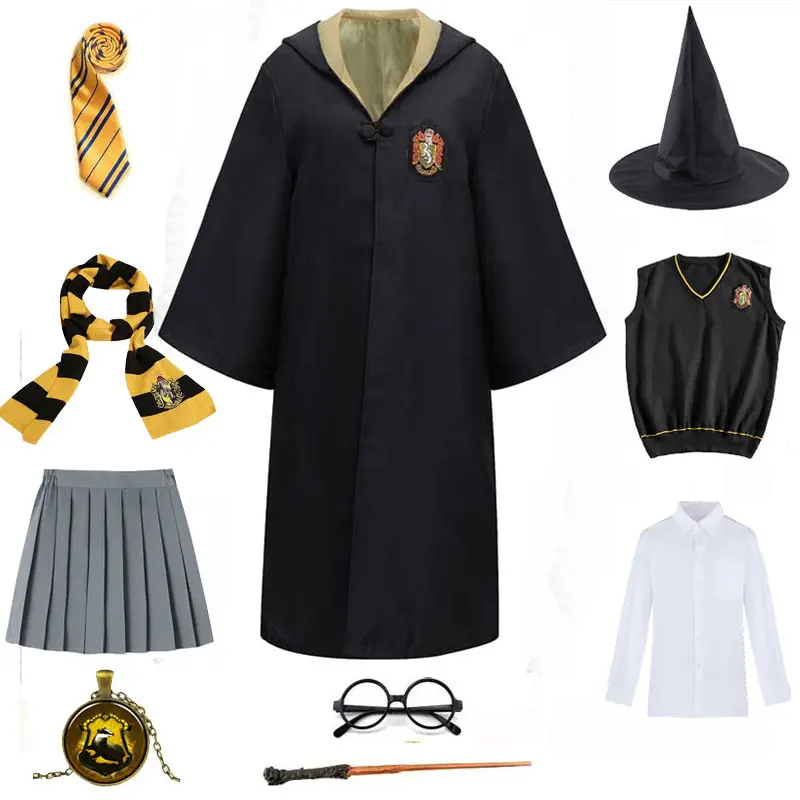 Women's Wizard Witch School Uniform Hufflepuff Ravenclaw Slytherin Robe Sweater Skirt Wand Tie Cosplay Halloween Coss Easy
