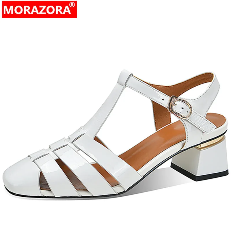 

MORAZORA 2022 New Arrive Patent Leather Sandals Women Square Med Heels Shoes Simple Summer Ladies Solid Dress Shoes