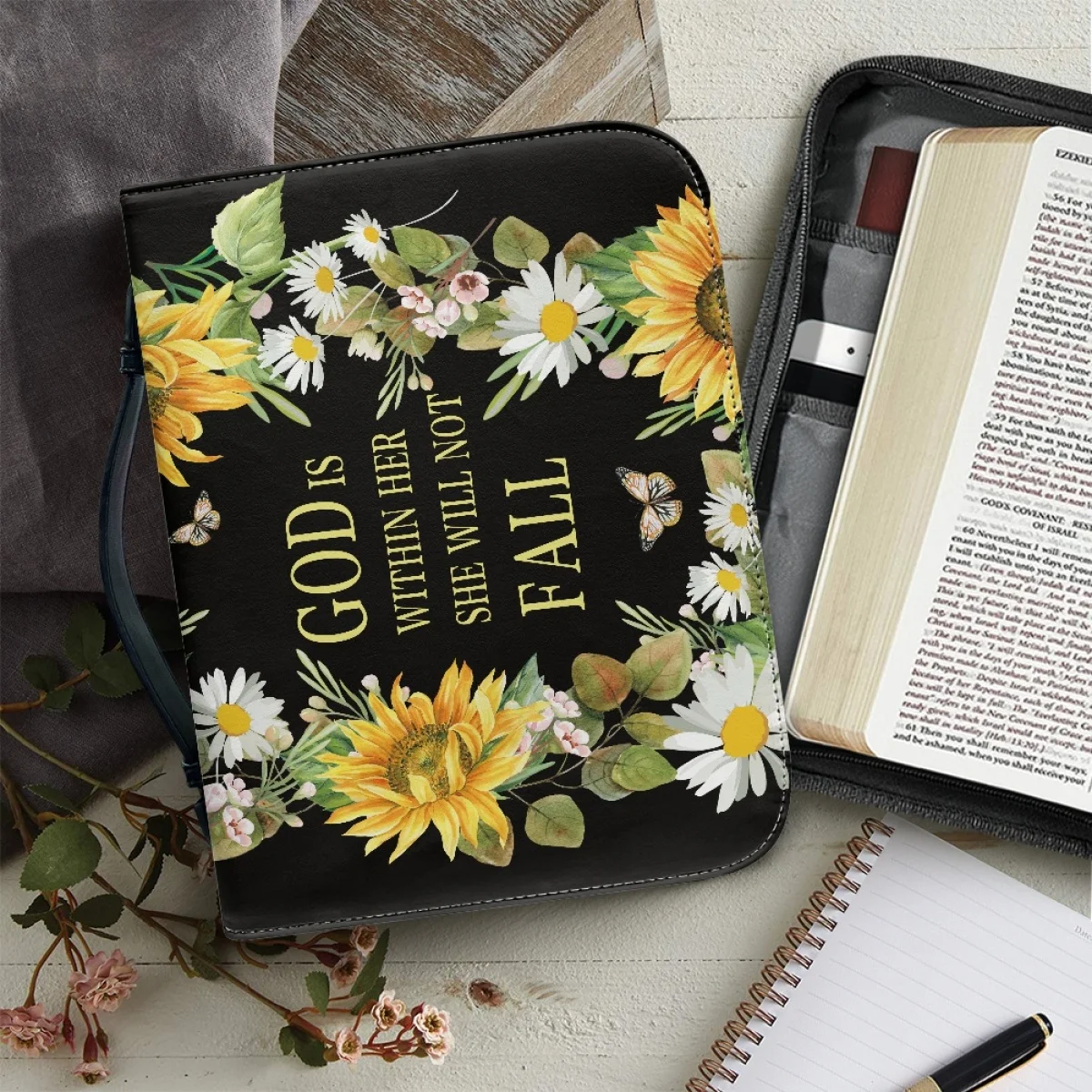 

Чехол с надписью на заказ, защитная сумка с подсолнухом и цветами, с множеством карманов, с ручкой для удобства хранения книг